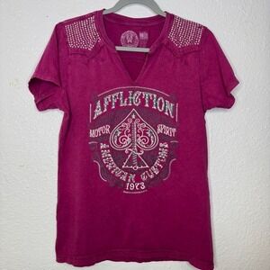 Affliction Womens XL Fuchsia  Embroidered Rhinestone tshirt grunge Y2K Bikercore